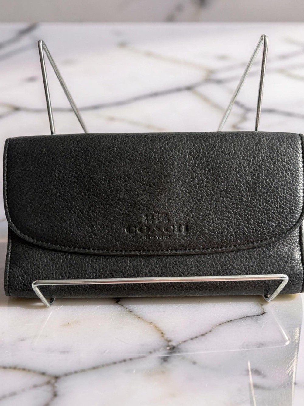 Coach F54009 Black Soft Pebbled Leather Fold-Over Wallet with Embossed Logo